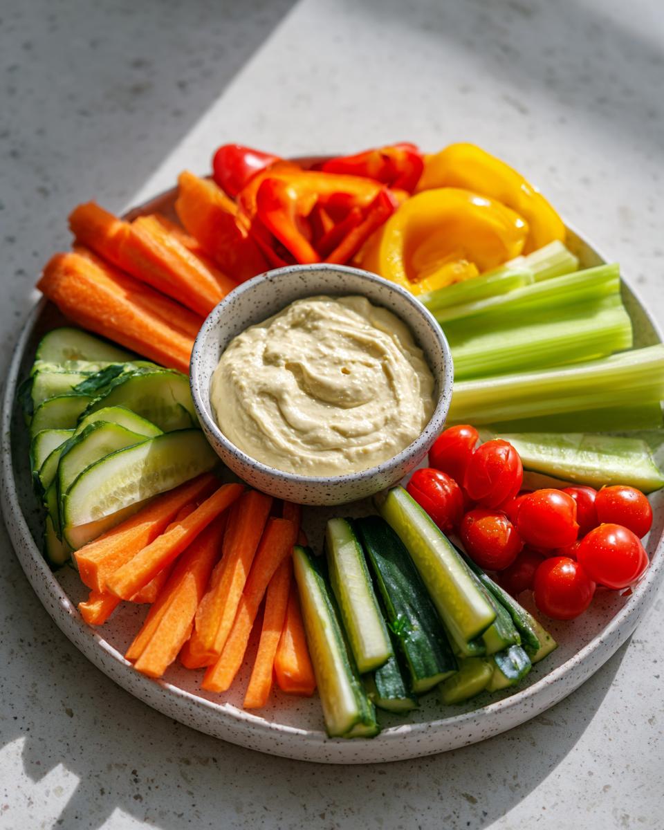 A vibrant platter showcasing various veggie tray ideas: carrot sticks, cucumber slices, bell pepper strips, celery sticks, and cherry tomatoes surrounding a bowl of hummus.