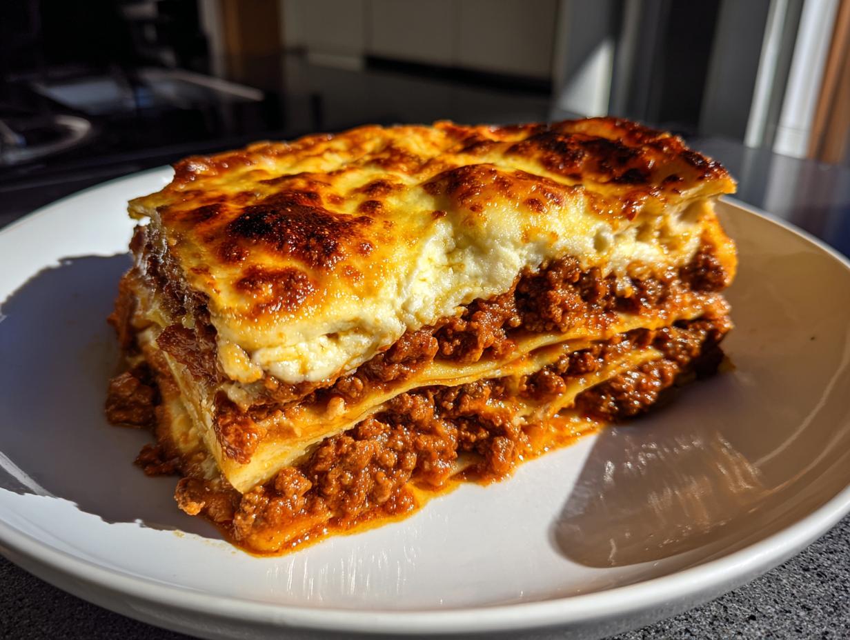 A mouthwatering slice of 3-cheese lasagna with rich meat sauce and golden-brown cheese topping.