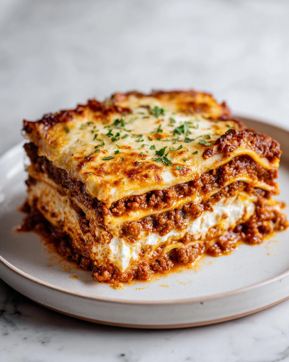 A generous slice of 3-cheese lasagna, featuring layers of pasta, rich meat sauce, and creamy cheese, topped with melted cheese and parsley.