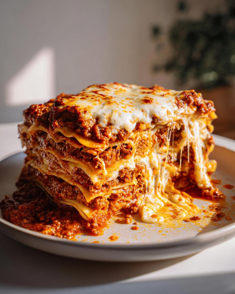 A tall, decadent slice of 3-cheese lasagna with melted cheese stretching, showcasing layers of pasta, meat sauce, and cheese.