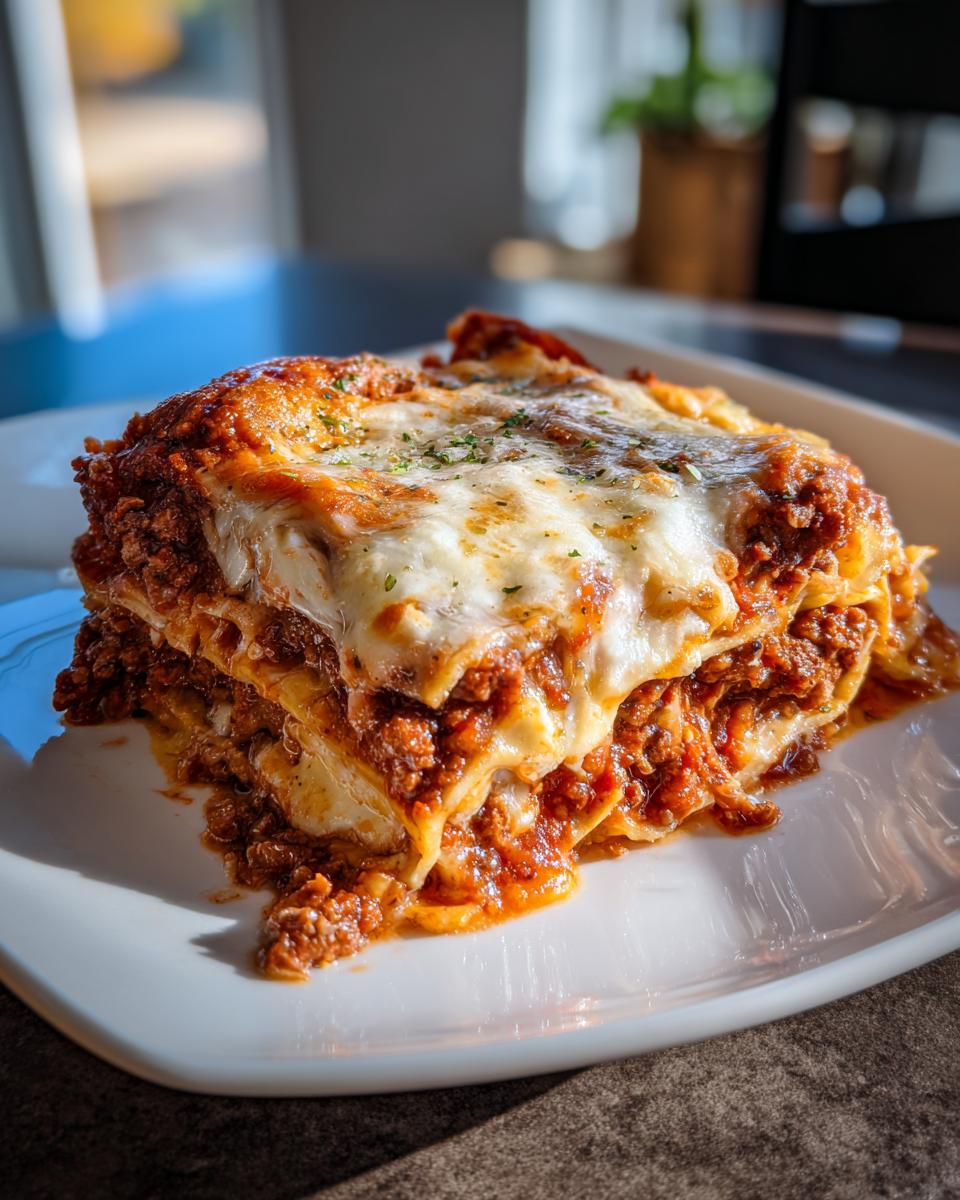 A delicious slice of 3-cheese lasagna recipe, featuring layers of pasta, rich meat sauce, and melted cheese.