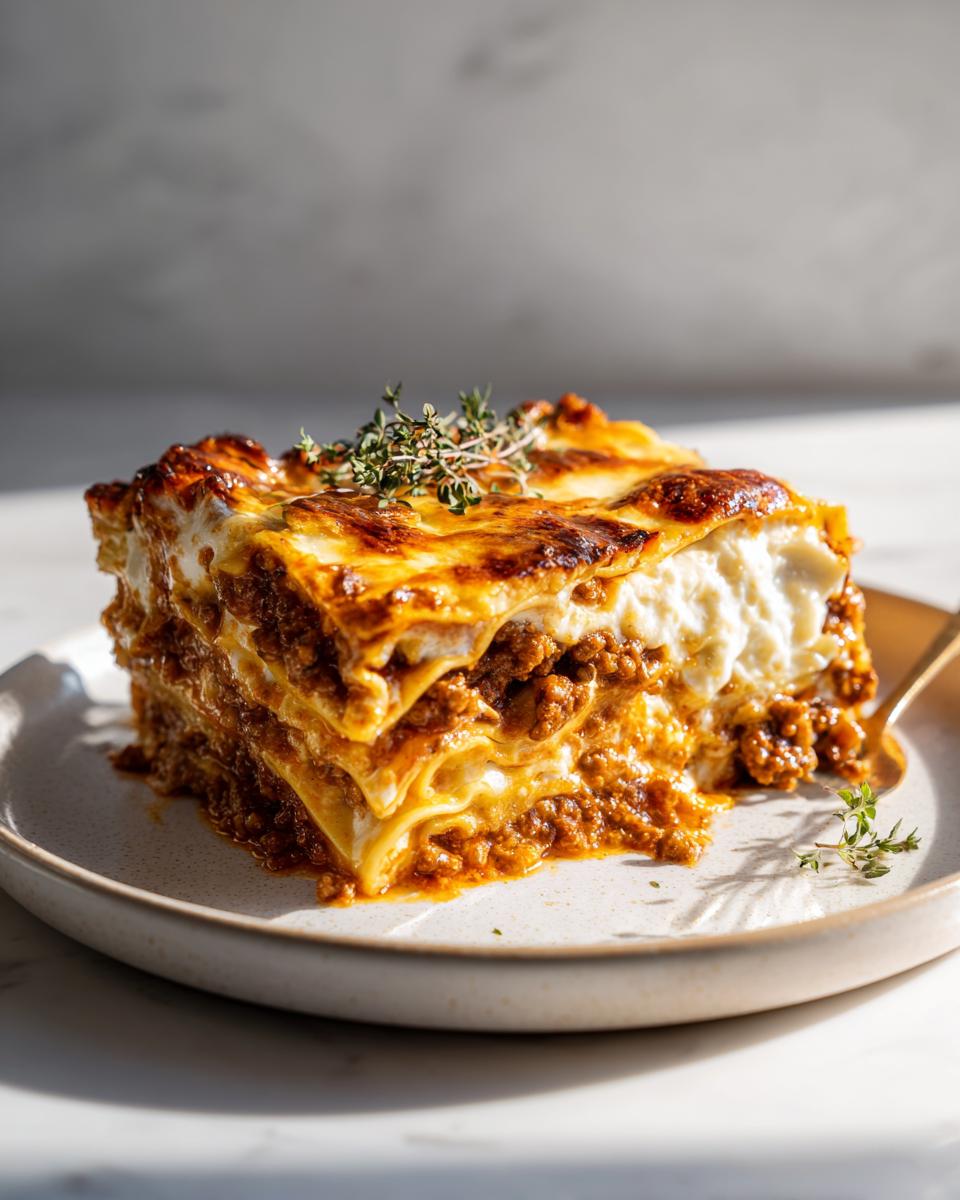 A mouthwatering slice of 3-cheese lasagna, featuring layers of pasta, rich meat sauce, and creamy cheese, garnished with fresh thyme.