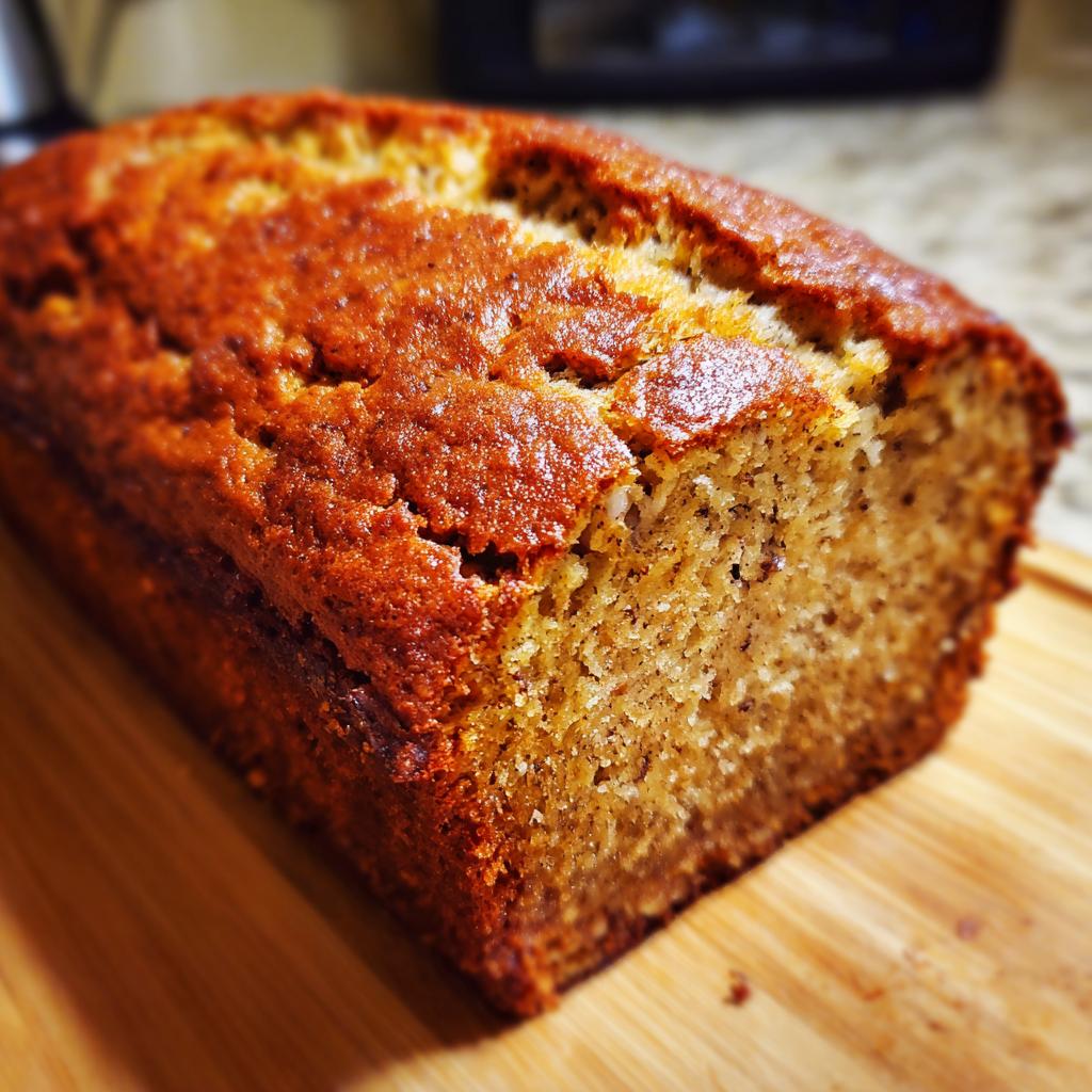 Close-up of a freshly baked 3-ingredient banana bread loaf on a wooden cutting board, showing its moist texture.