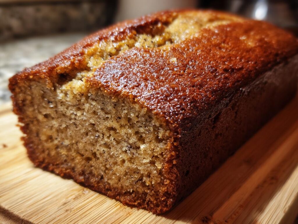 Close-up of a moist 3-ingredient banana bread loaf on a wooden cutting board.