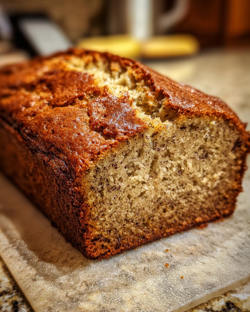Close-up of a moist 3-ingredient banana bread loaf with a golden-brown crust and visible banana flecks.