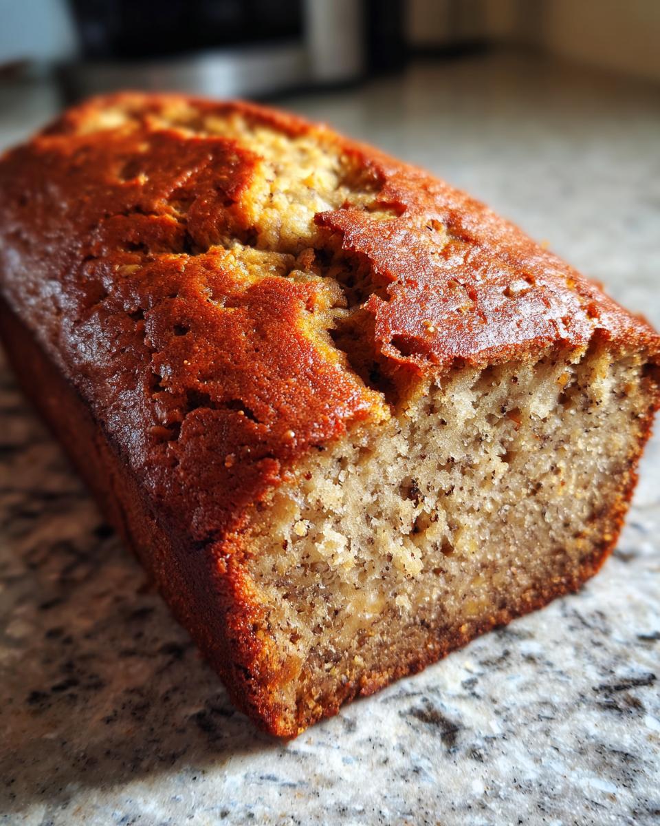 Close-up of a moist, golden-brown 3-ingredient banana bread loaf with visible banana specks.