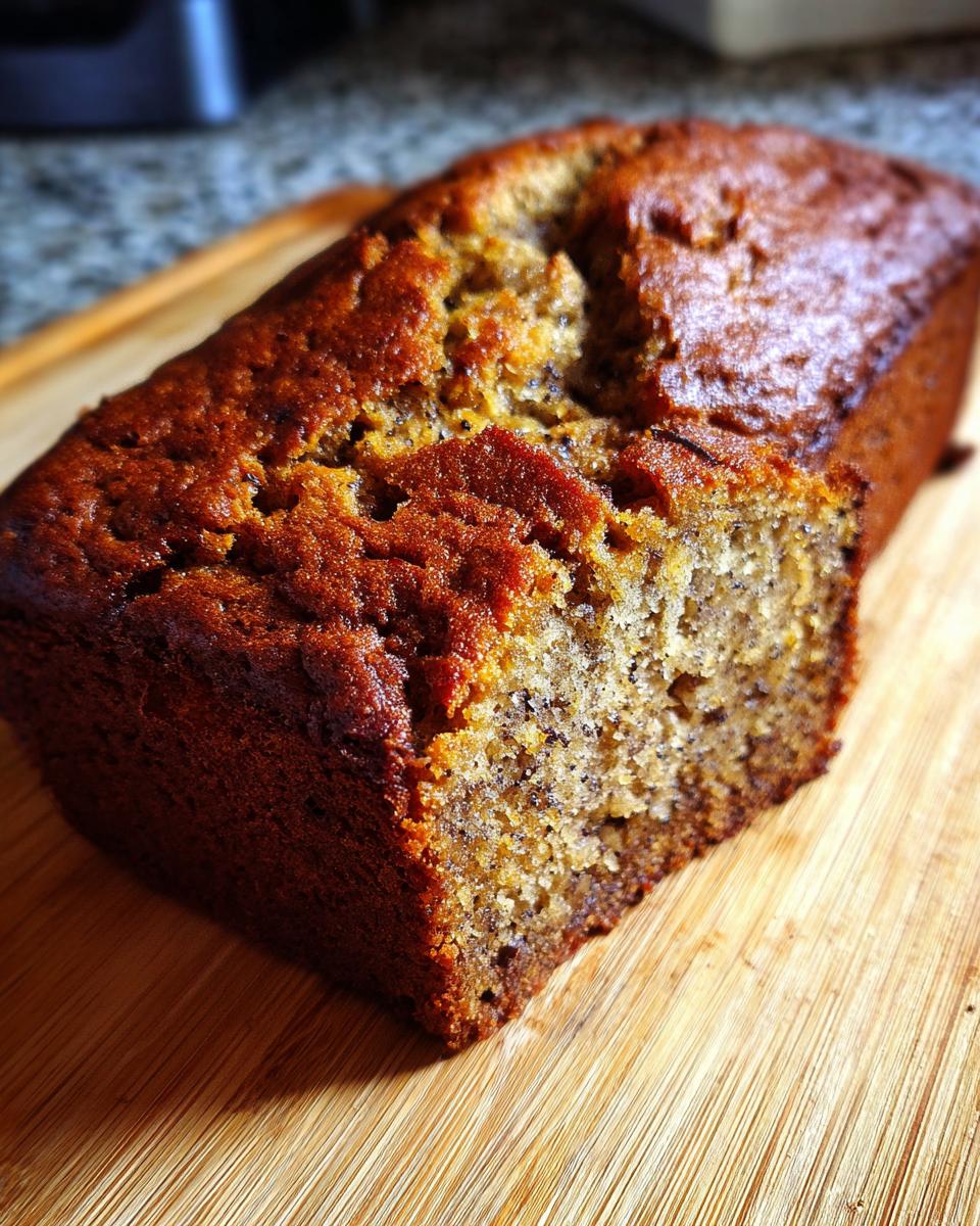 A close-up of a moist 3-ingredient banana bread loaf on a wooden cutting board.
