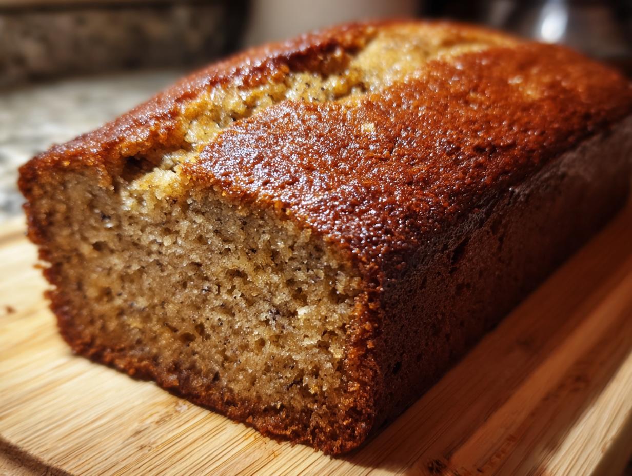 Close-up of a moist 3-ingredient banana bread loaf on a wooden cutting board.