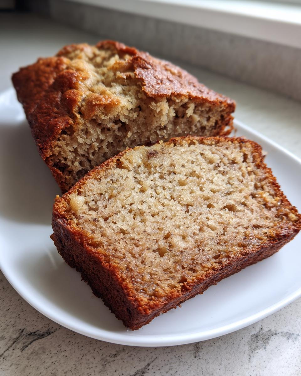 A close-up of a slice of moist 3-ingredient banana bread on a white plate, showcasing its texture.