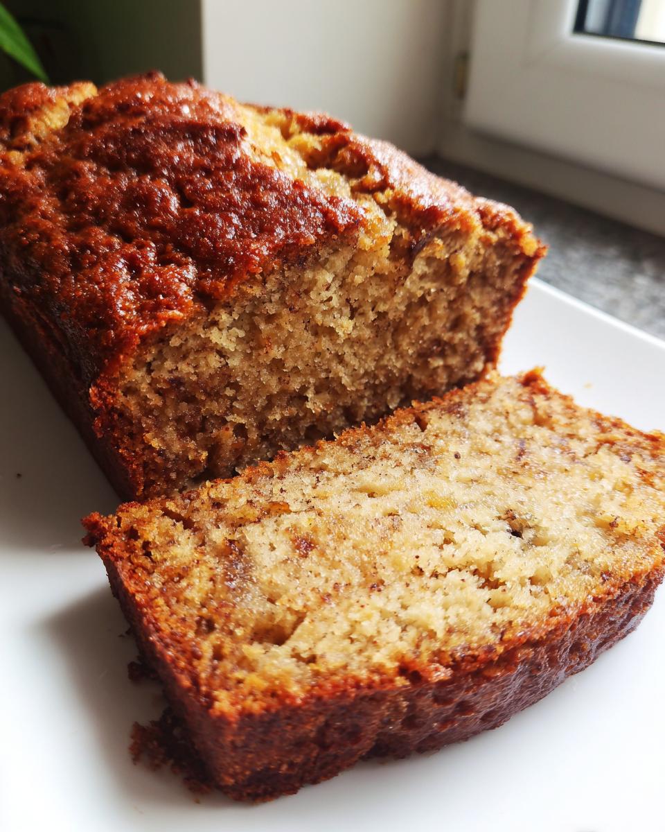 A close-up of a slice of moist, golden-brown 3-ingredient banana bread on a white plate.