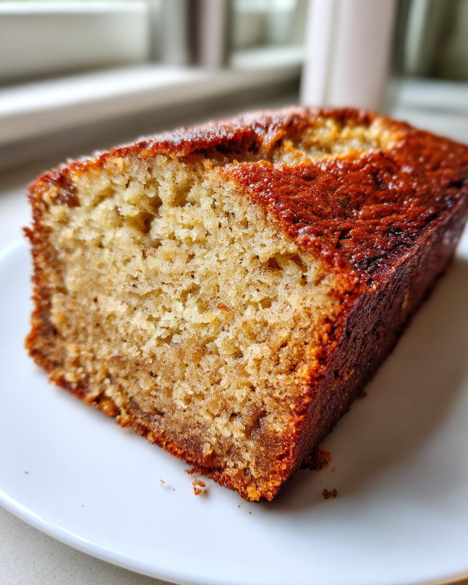 A close-up of a moist slice of 3-ingredient banana bread on a white plate, showing its golden-brown crust and tender crumb.