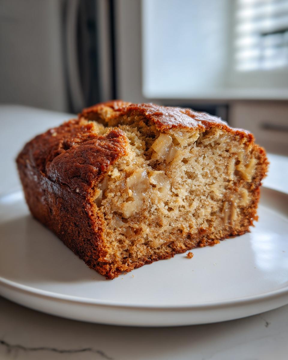 A close-up of a moist slice of 3-ingredient banana bread on a white plate, showcasing chunks of banana.