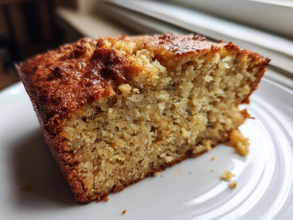 A close-up of a moist slice of 3-ingredient banana bread on a white plate, showing its texture and golden-brown crust.