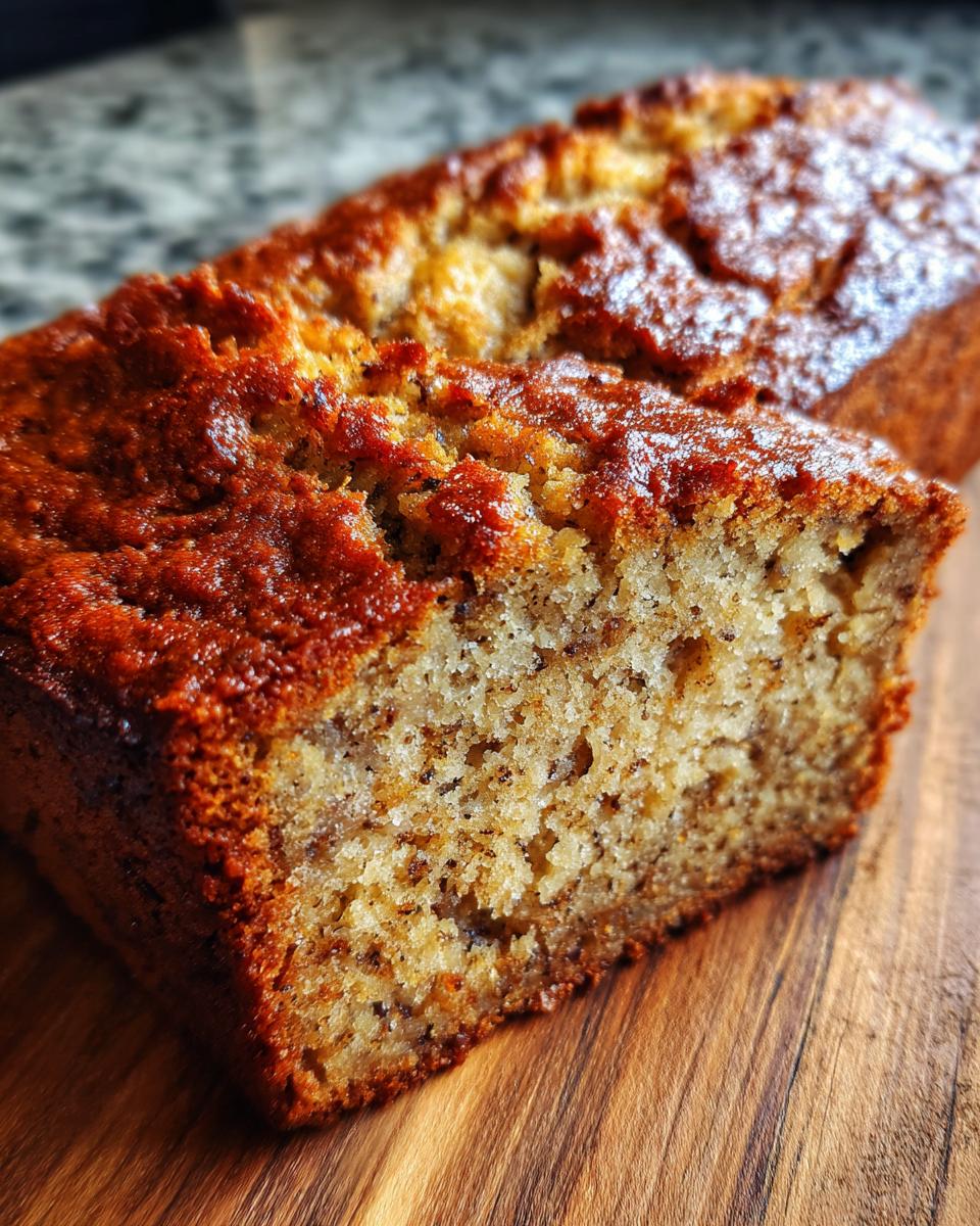 Close-up of a moist slice of 3-ingredient banana bread on a wooden cutting board.