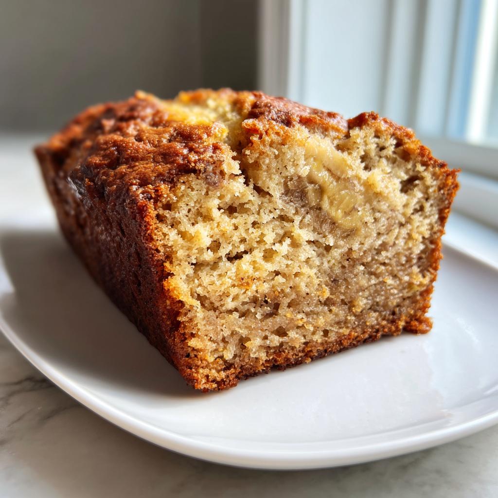 A close-up of a slice of moist 3-ingredient banana bread on a white plate, showcasing its texture and banana chunks.