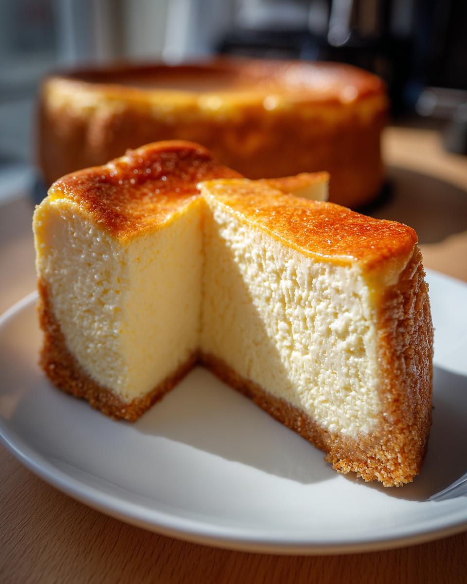 A slice of creamy 3-ingredient cheesecake with a golden crust on a white plate.