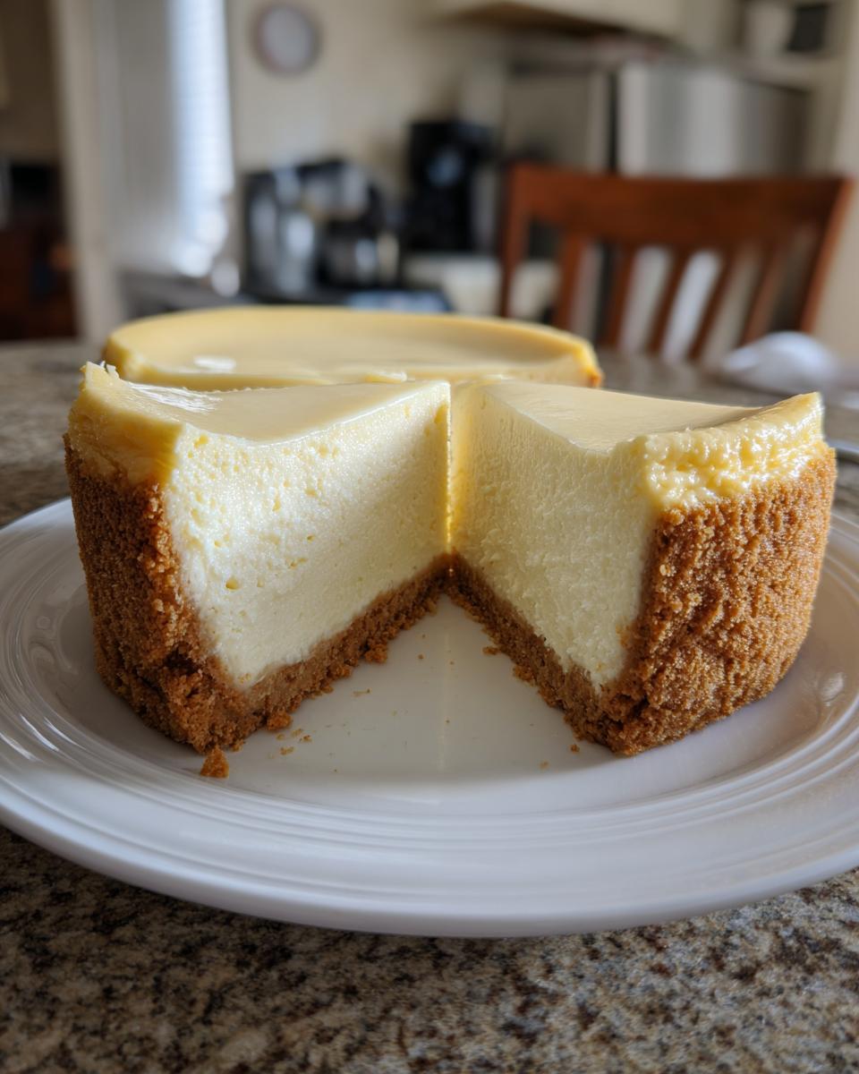 A creamy cheesecake with a graham cracker crust, sliced to reveal its rich texture. Perfect for cheesecake recipes.