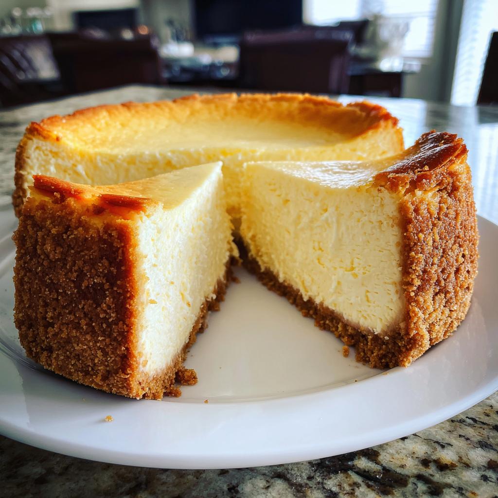 A delicious slice of creamy 3-ingredient cheesecake with a graham cracker crust on a white plate.