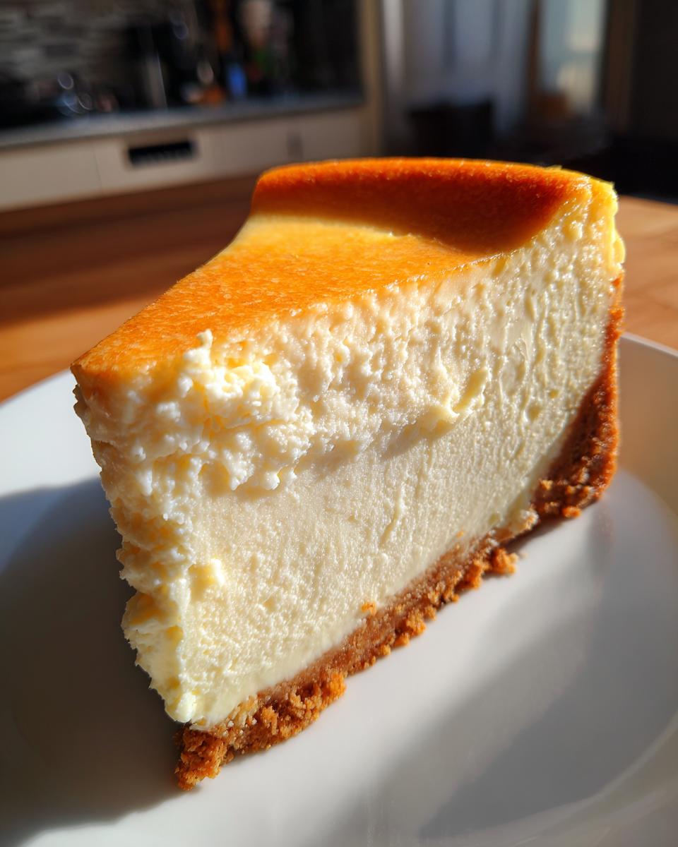 A perfect slice of creamy 3-ingredient cheesecake with a golden brown crust and a slightly browned top.
