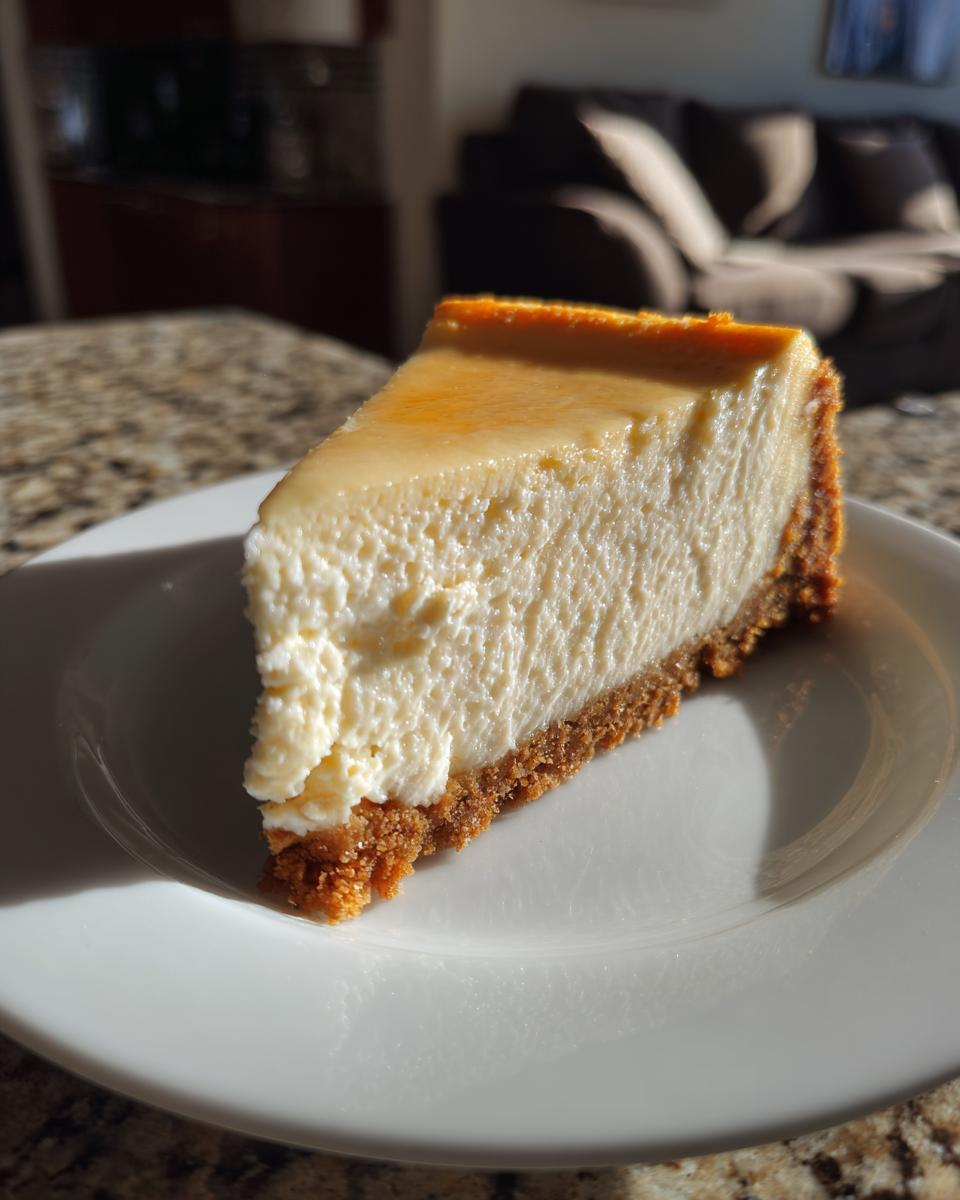 A perfect slice of creamy 3-ingredient cheesecake with a graham cracker crust rests on a white plate.