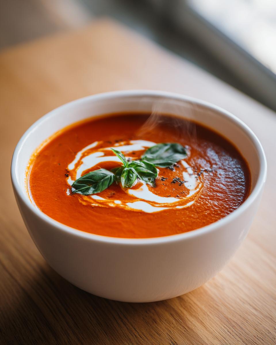 A steaming bowl of 30-minute tomato soup, garnished with cream swirls and fresh basil leaves.