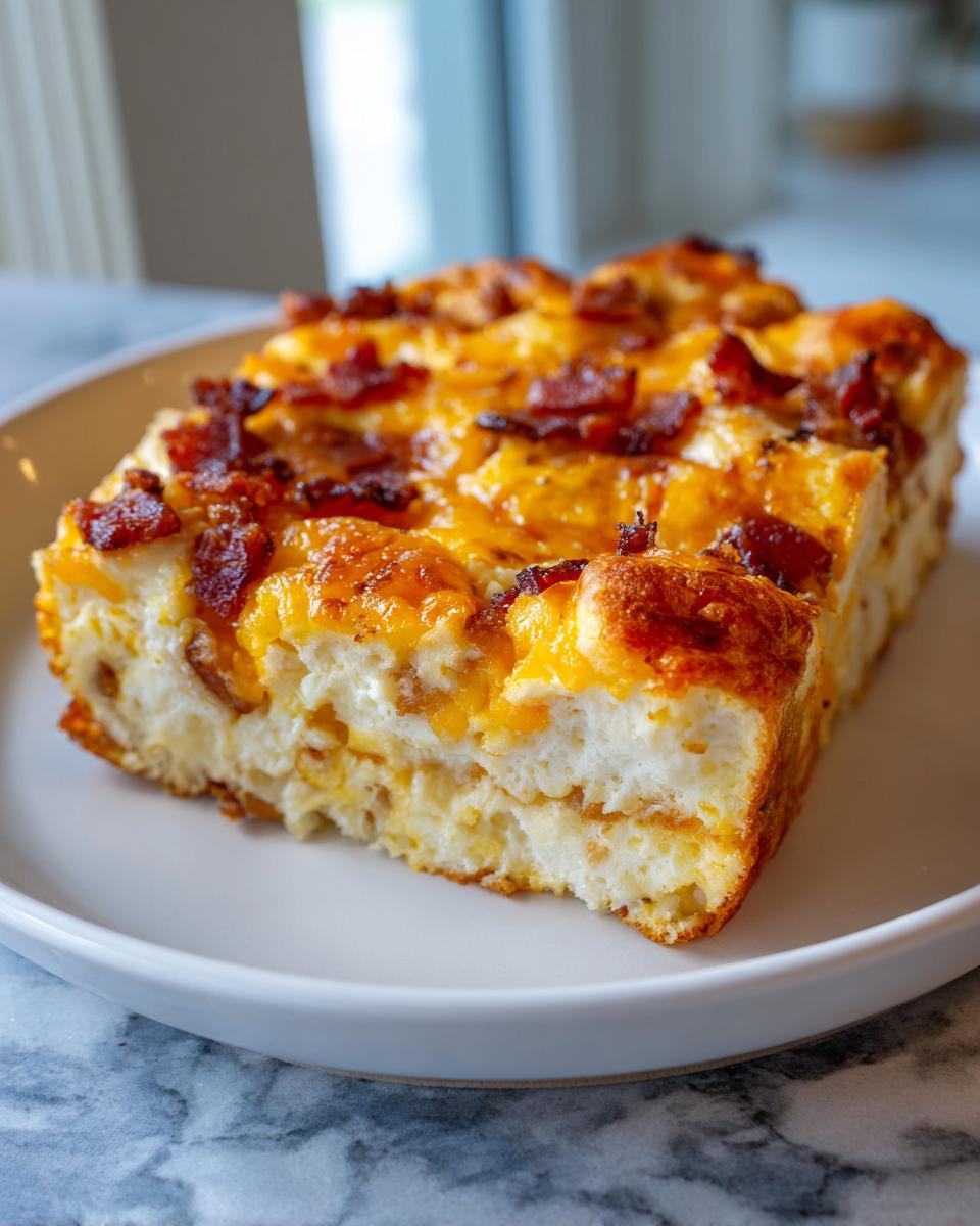 A slice of irresistible 6-ingredient breakfast casserole topped with melted cheese and crispy bacon.