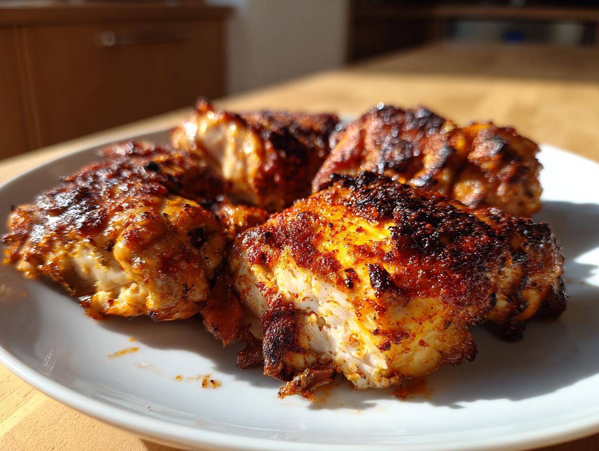 Close-up of seasoned and crispy air fryer chicken pieces on a white plate.