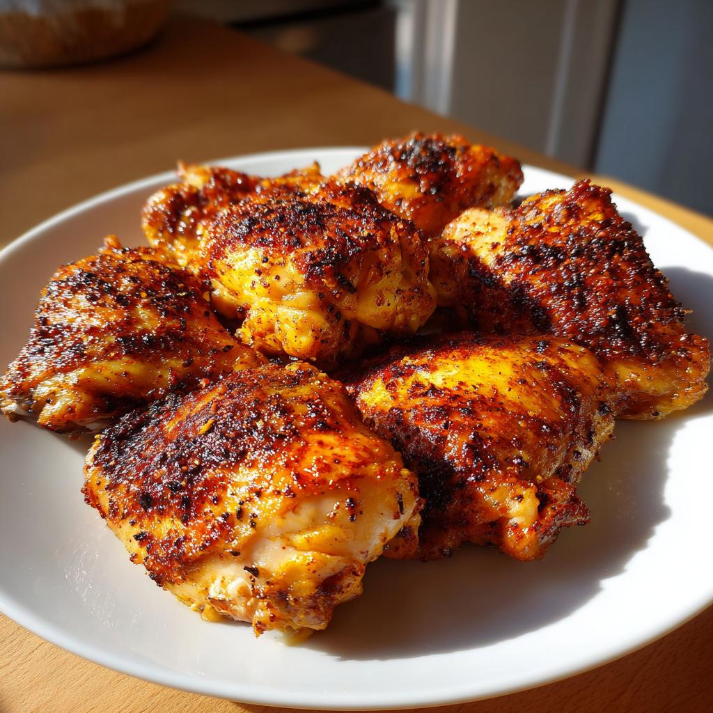 A white plate piled high with golden-brown, crispy air fryer chicken thighs, seasoned with spices.
