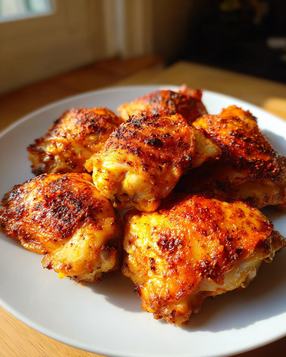 A pile of golden-brown, crispy air fryer chicken thighs seasoned with spices on a white plate.