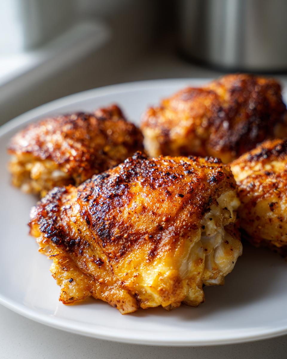 Close-up of four perfectly cooked, crispy air fryer chicken thighs on a white plate.