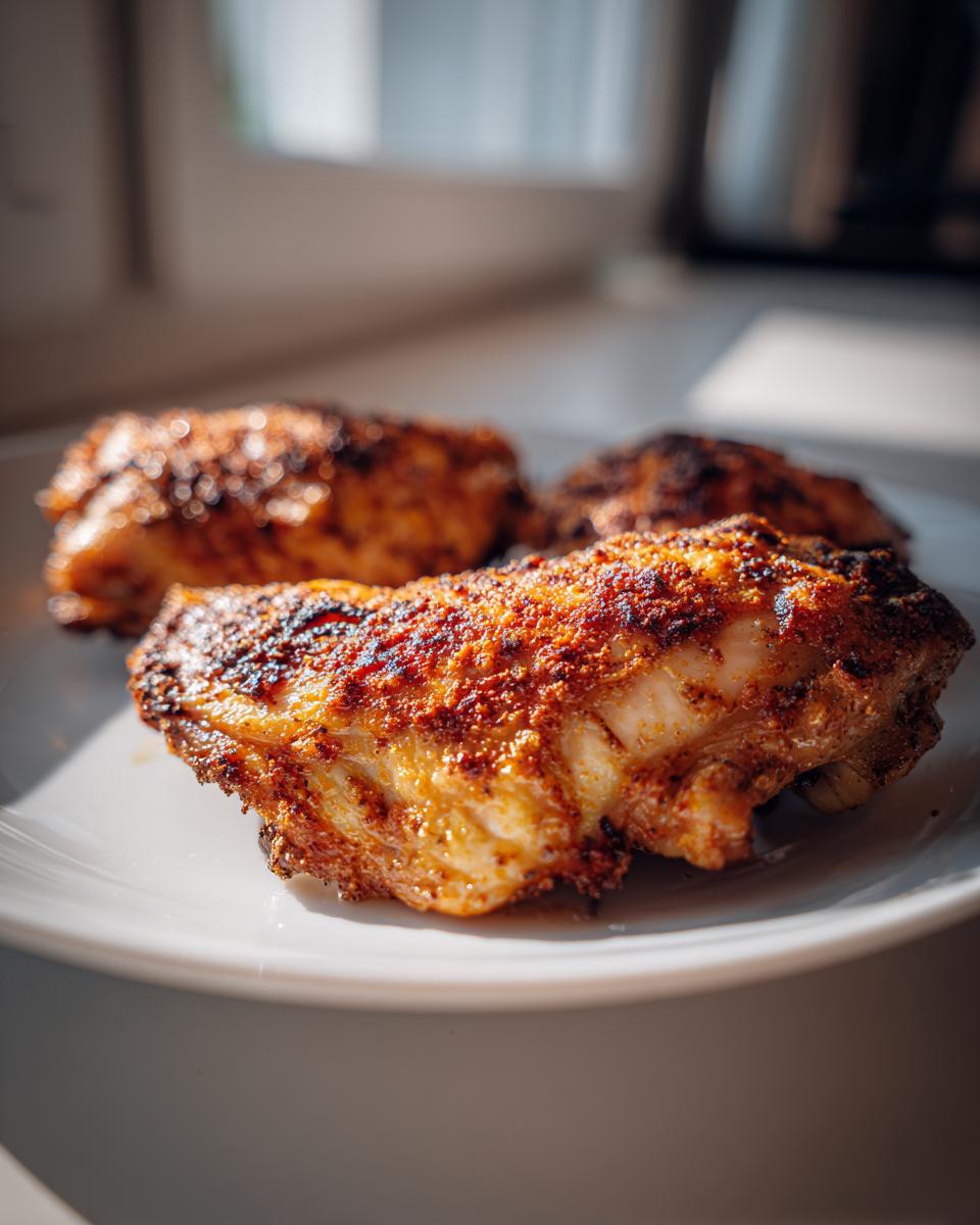Close-up of three crispy air fryer chicken wings seasoned with spices, served on a white plate.