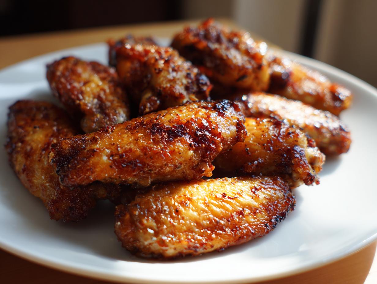 A close-up of a plate piled high with golden-brown, crispy air fryer chicken wings.