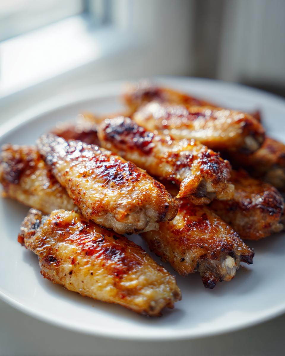 A plate of golden-brown, crispy air fryer chicken wings, glistening and ready to eat.