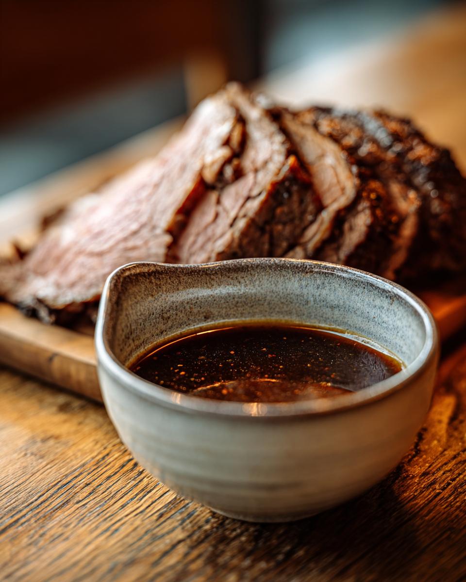 A bowl of rich au jus recipe next to sliced roast beef on a wooden cutting board.