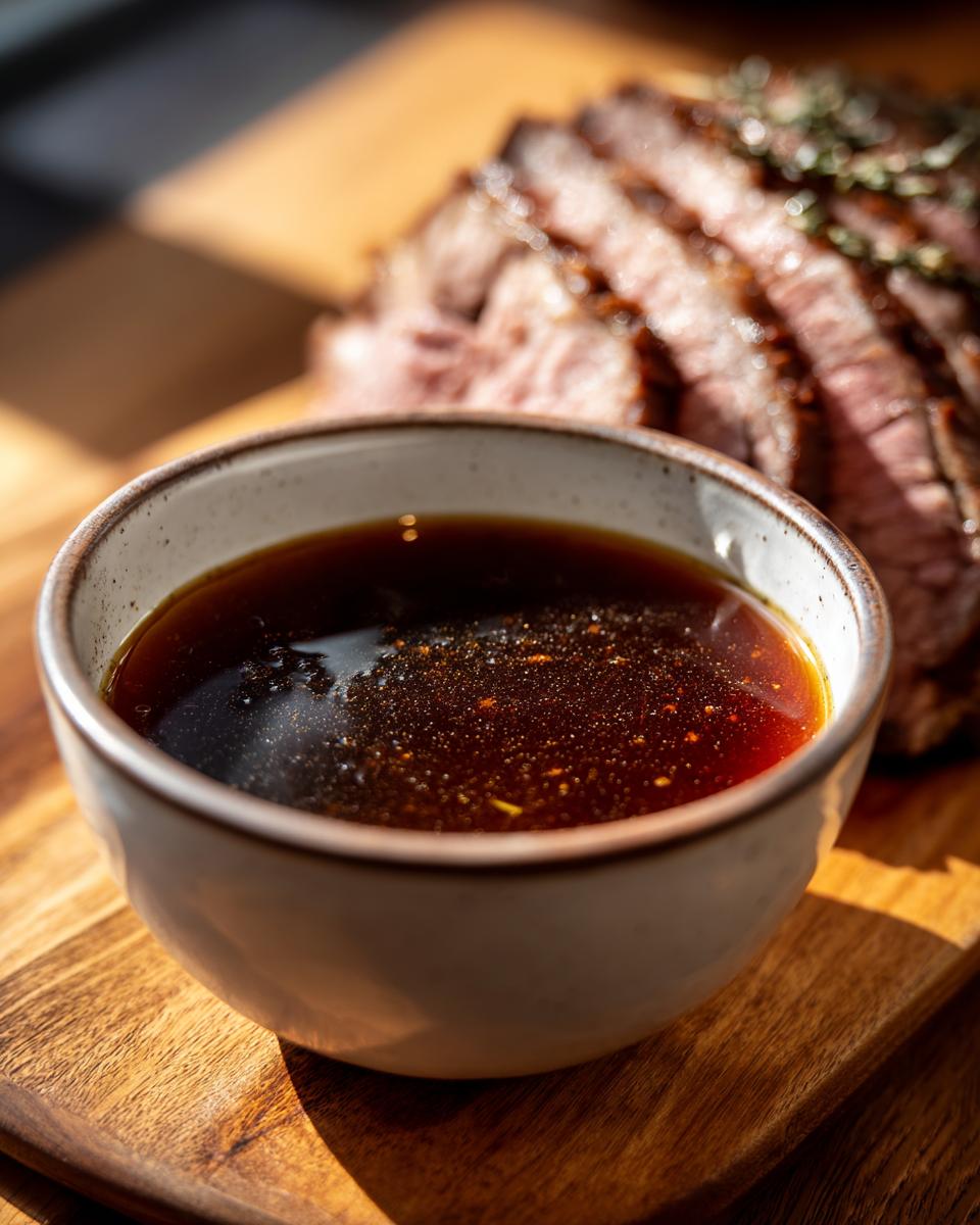 A bowl of rich au jus recipe next to thinly sliced roast beef on a wooden board.