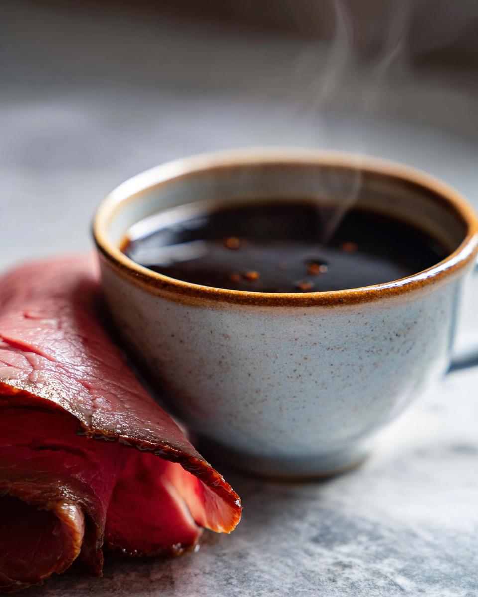 A steaming bowl of au jus recipe next to thinly sliced roast beef, perfect for dipping.