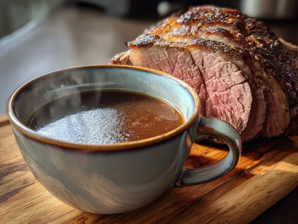 A steaming cup of au jus next to a perfectly roasted and sliced beef roast.