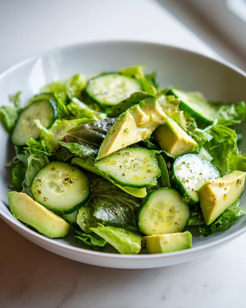 Bowl of fresh green salad with avocado slices and cucumber on lettuce leaves