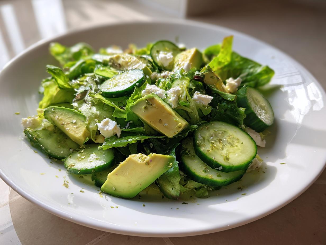 Plate of fresh avocado cucumber salad with leafy greens and feta cheese for healthy dinner recipes