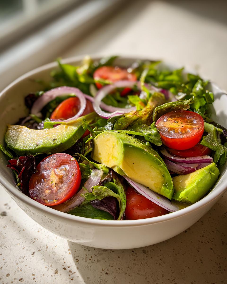 A vibrant bowl of mixed greens, cherry tomatoes, red onion, and creamy avocado slices, perfect for healthy lunch ideas.