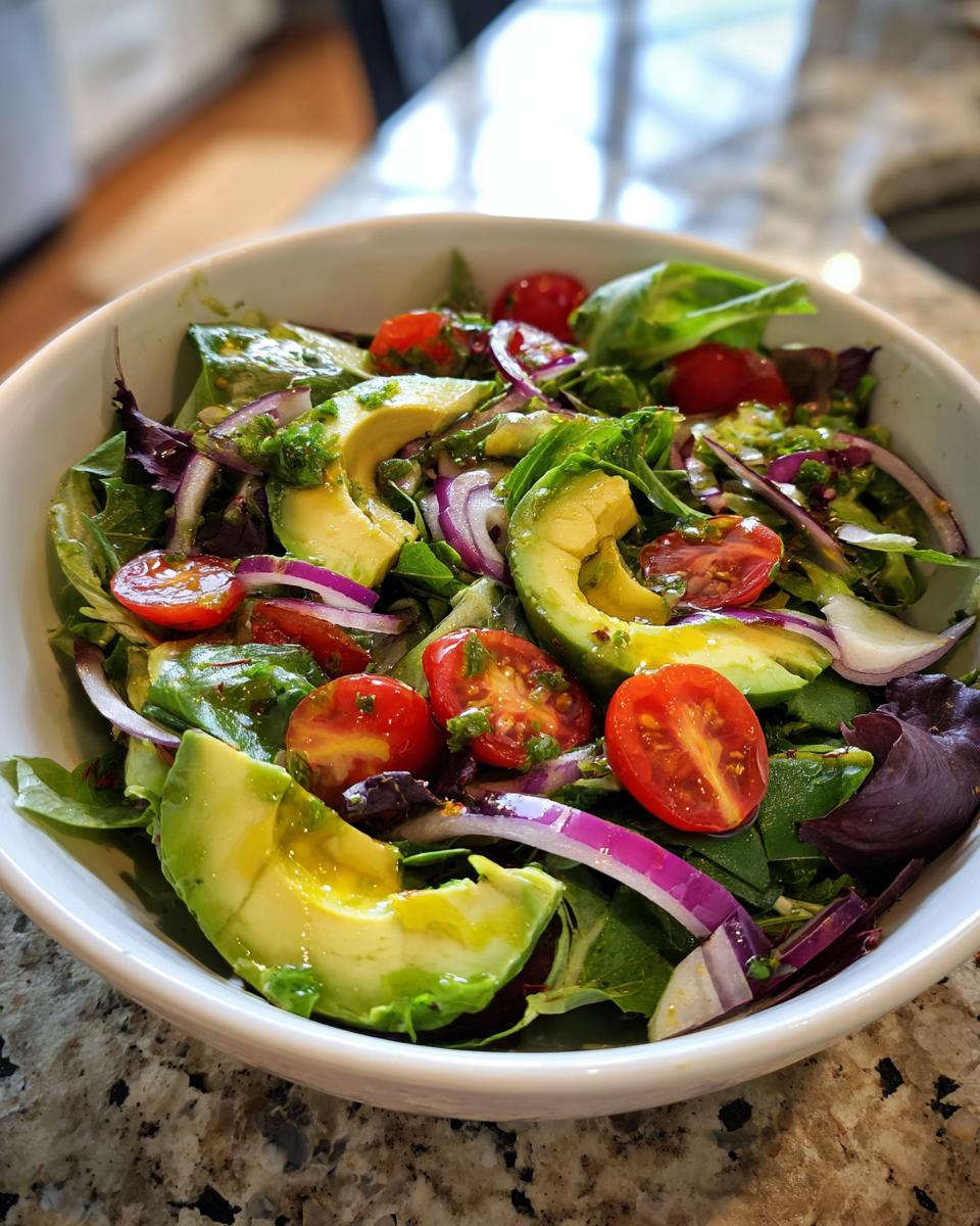 A vibrant bowl of healthy lunch ideas featuring a fresh salad with avocado, cherry tomatoes, red onion, and mixed greens.