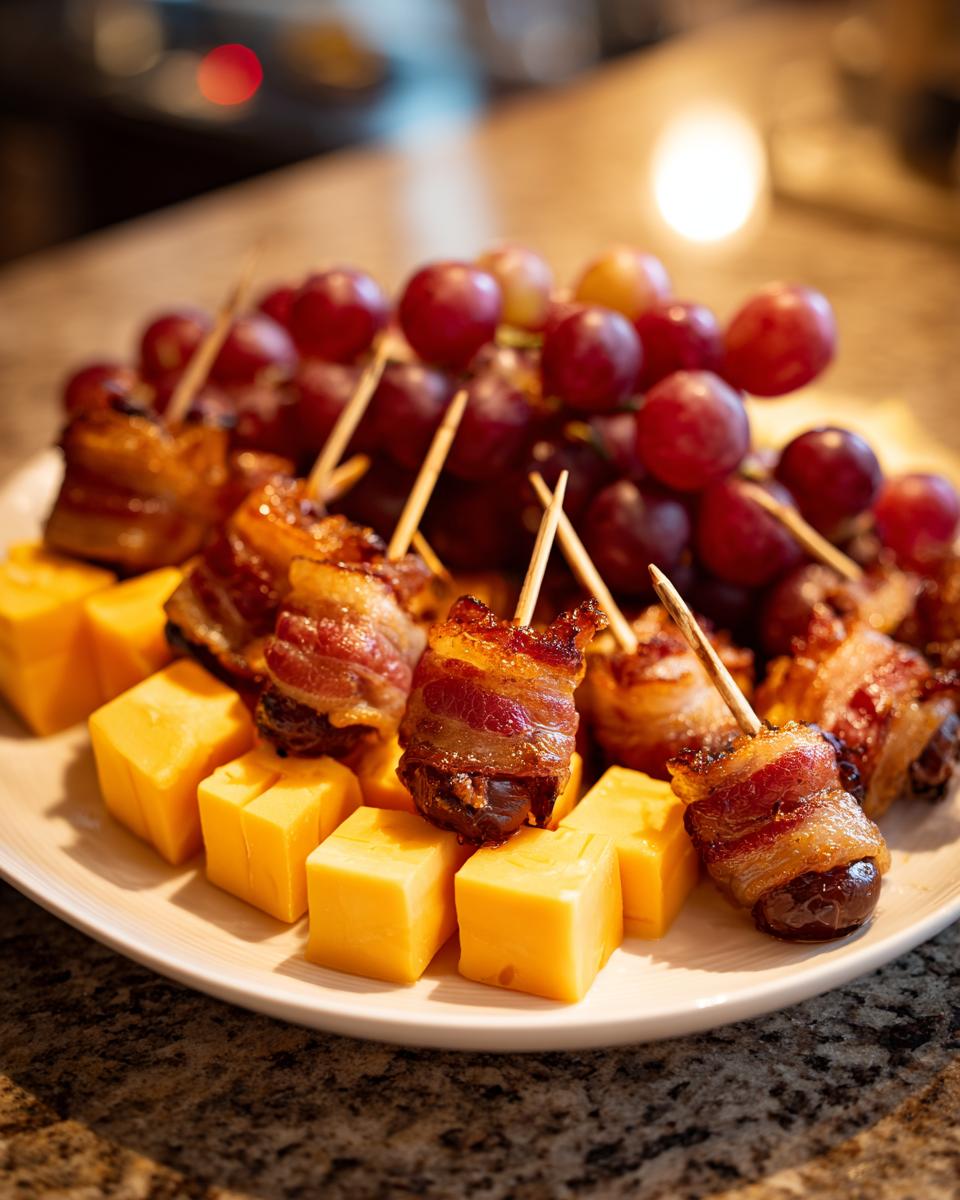 Close-up of delicious bacon-wrapped dates stuffed with cheese, served with grapes and cubed cheddar cheese, ideal for new years eve appetizers.