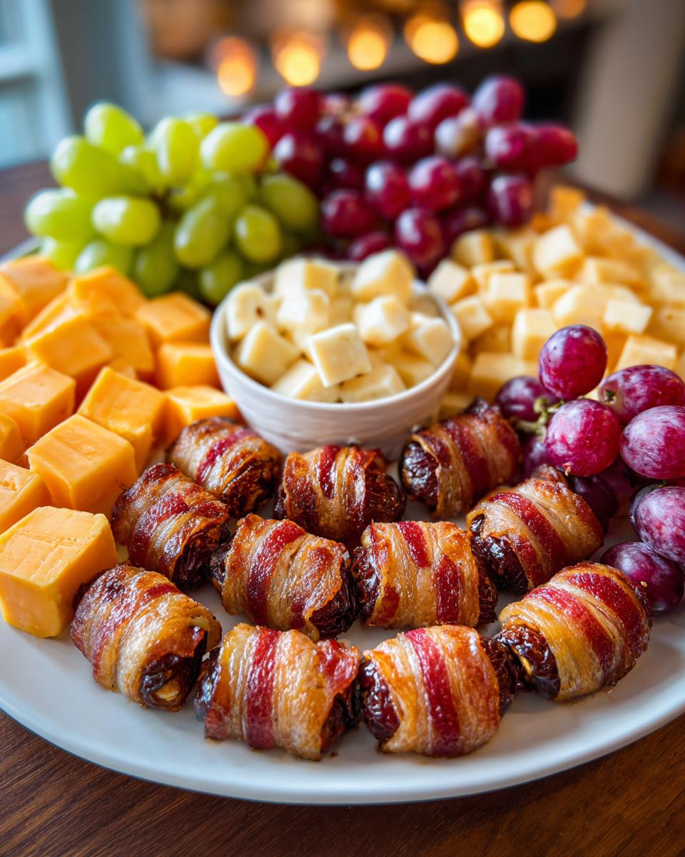 Close-up of bacon-wrapped dates with grapes and cheese cubes, perfect for new years eve appetizers.