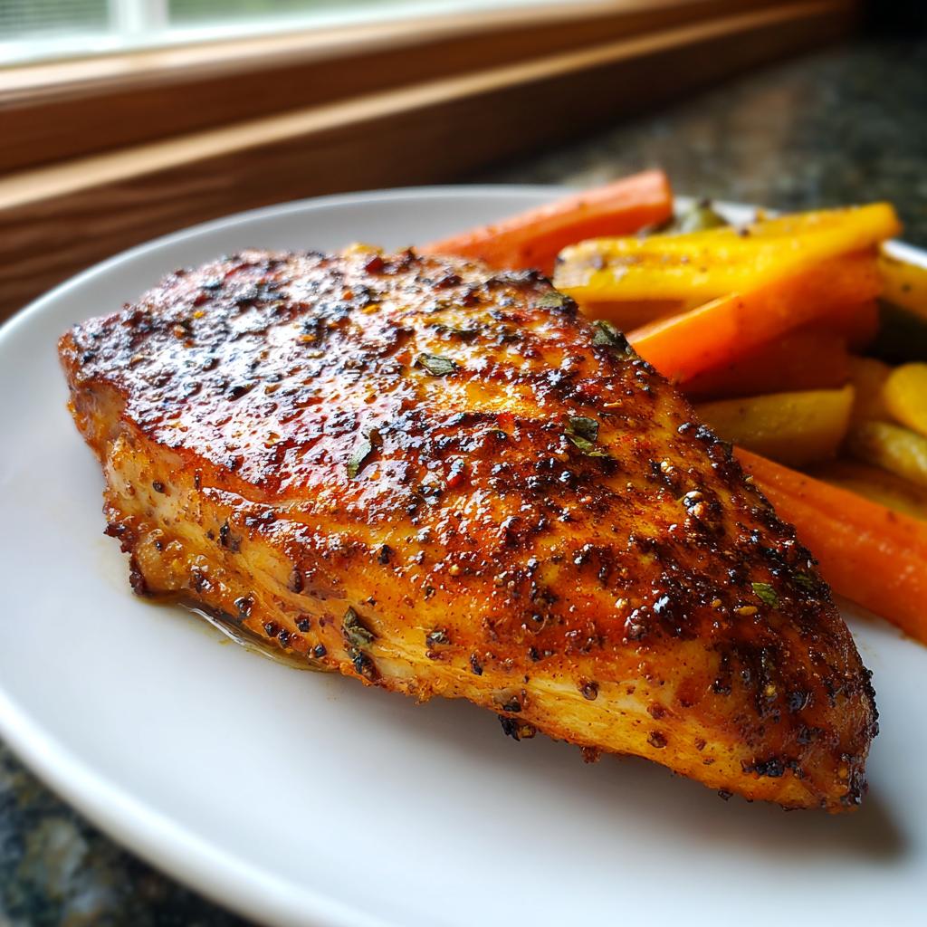A perfectly baked chicken breast with a flavorful spice rub, served with roasted carrots and bell peppers. A delicious chicken dinner idea.