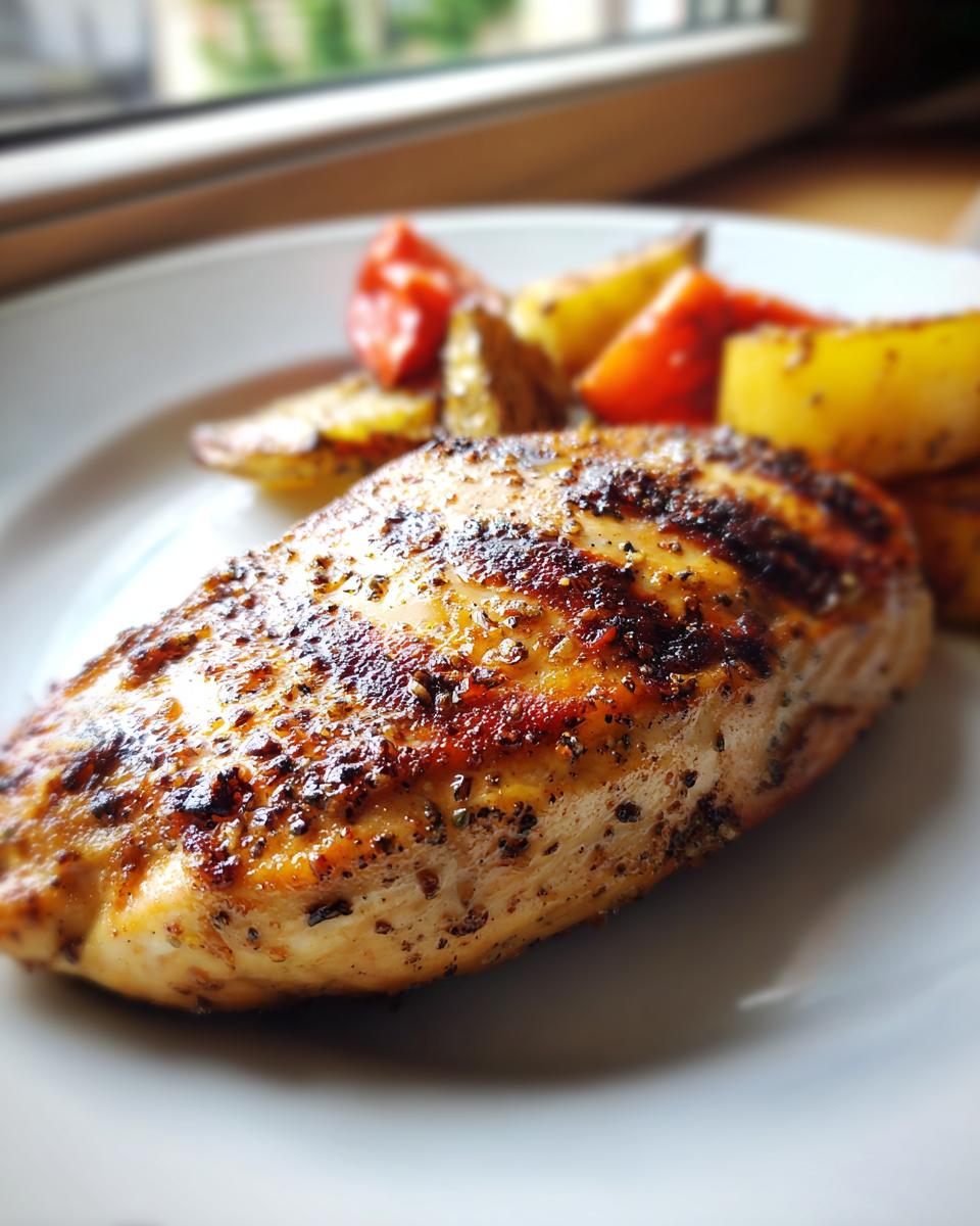 Close-up of a perfectly baked chicken breast seasoned with herbs and spices, served with roasted potatoes and tomatoes. A great chicken dinner idea.