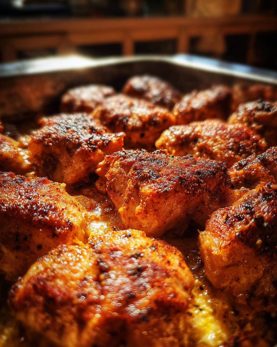 Close-up of perfectly seasoned and golden-brown baked chicken pieces in a baking dish.