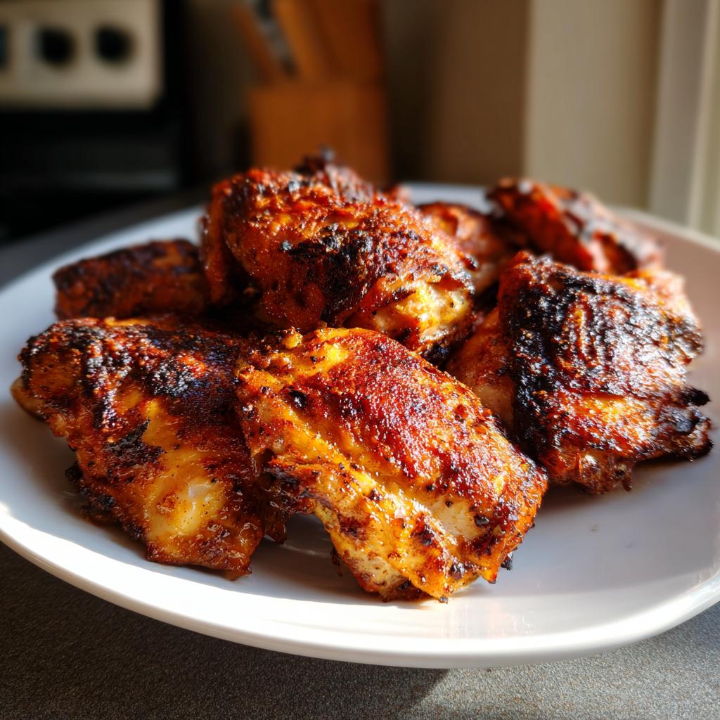A plate of perfectly baked, crispy chicken thighs seasoned with spices, a delicious addition to chicken thigh recipes.