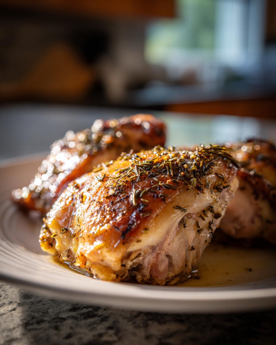 Close-up of juicy baked chicken thighs seasoned with herbs, a perfect chicken thigh dinner idea.