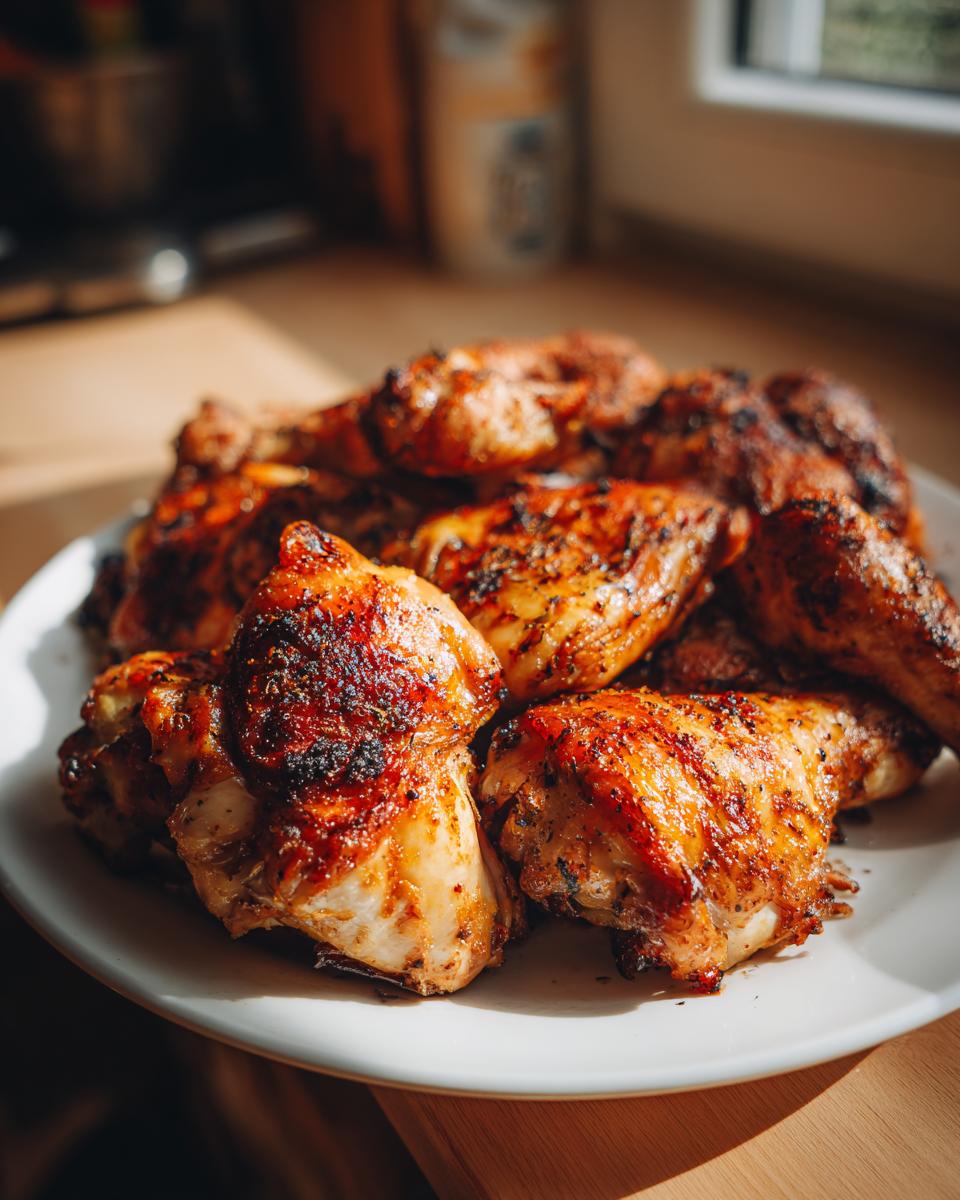 A white plate piled high with golden-brown, crispy baked chicken thighs, seasoned and ready to serve.