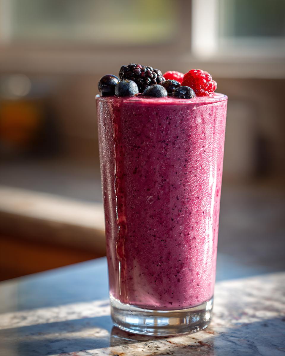 A tall glass filled with a vibrant purple banana berry smoothie, topped with fresh blueberries, blackberries, and raspberries.